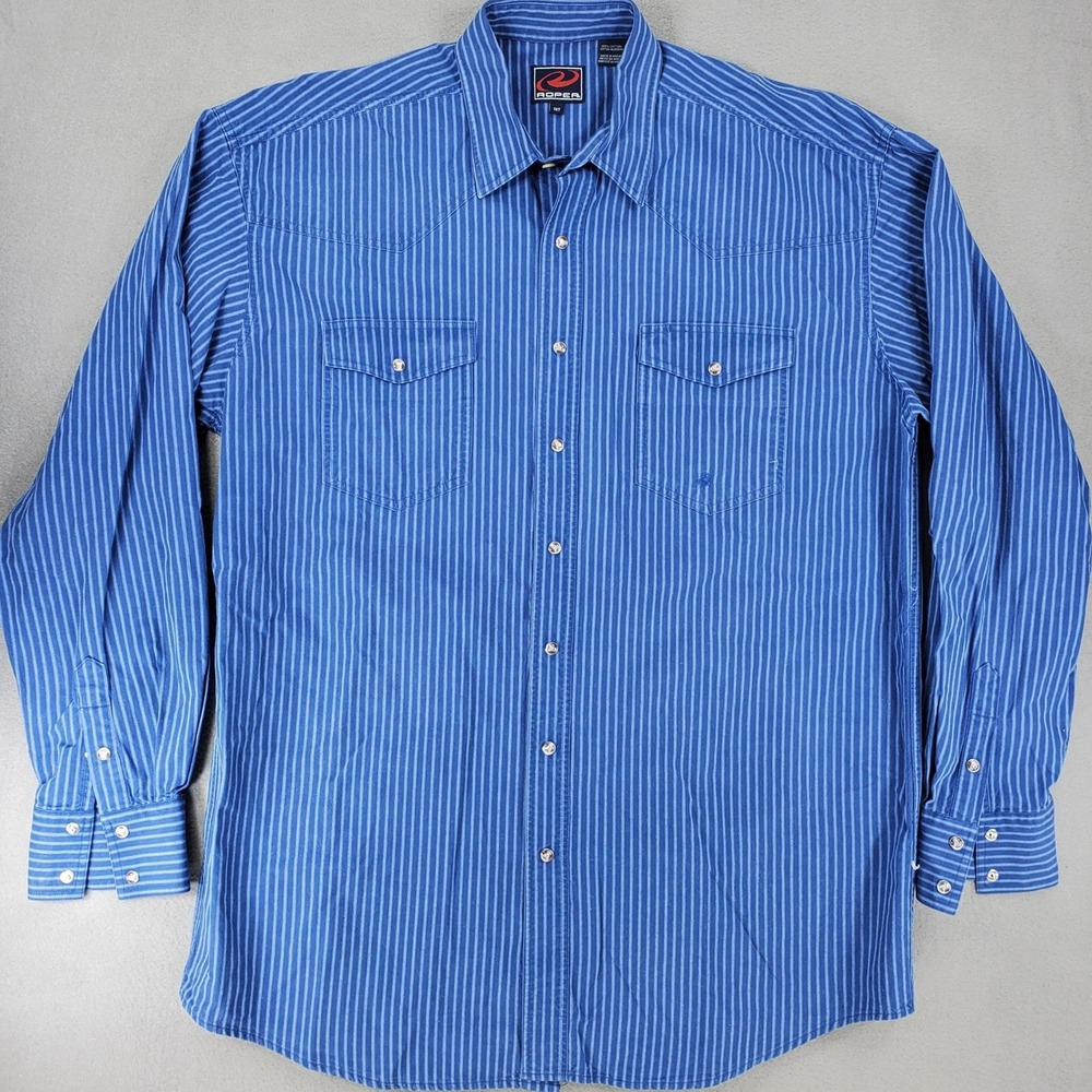 Roper Western Shirt Men 1XT Blue Striped Pearl Snap Long Sleeve Tall Cotton - Picture 2 of 6